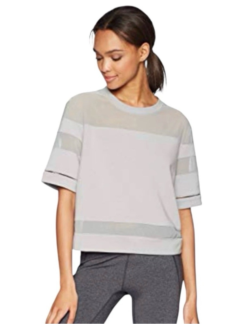 ALO Yoga Mellow Boxy Oversized Light Gray Short Sleeve Sheer-Panel Top L